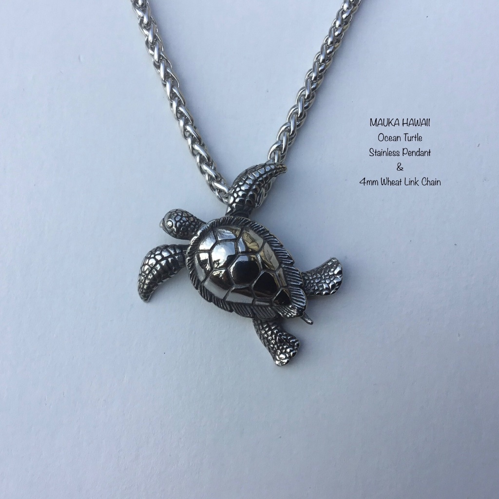 Loggerhead Sea Ocean Turtle 316 Stainless Pendant & 4mm Custom Wheat Link Chain